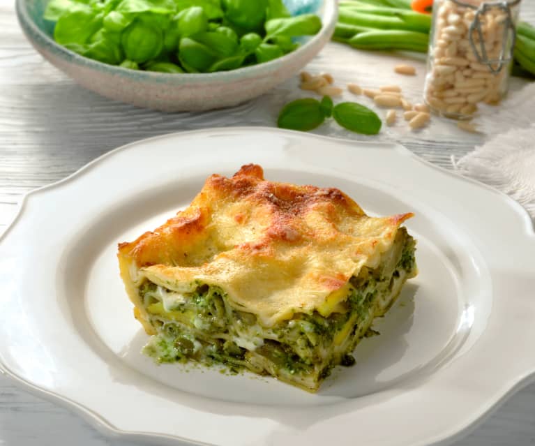 Pesto-Lasagne mit Kartoffeln und grünen Bohnen