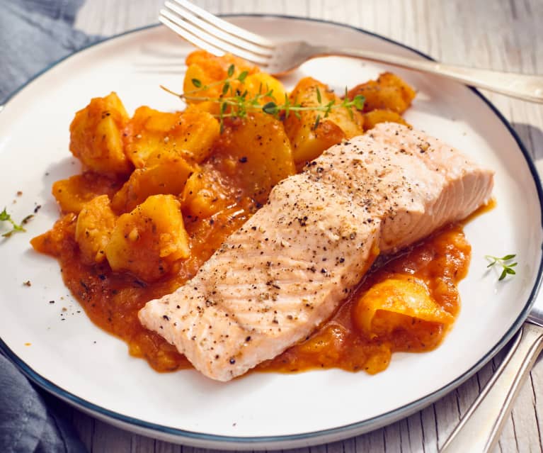 Lachs Mit Paprika Kartoffel Gemuse Cookidoo Das Offizielle Thermomix Rezept Portal