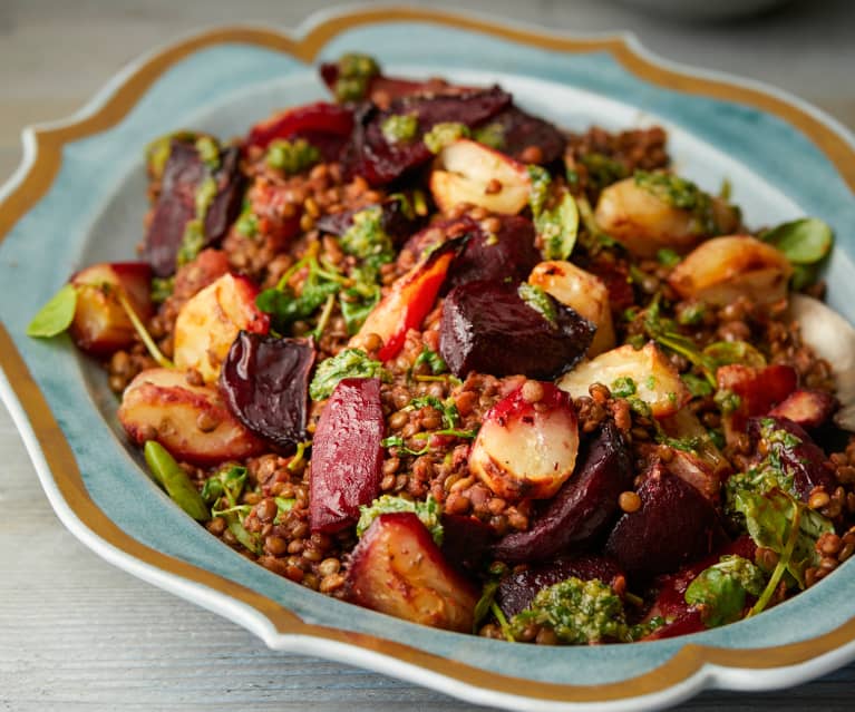 Lentils and Roasted Roots with Salsa Verde 