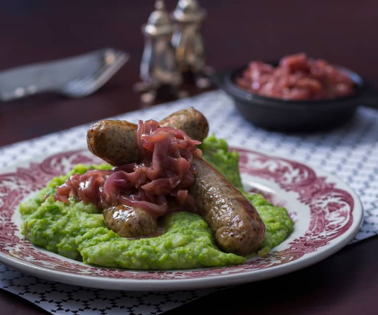 Bangers and mixed mash with caramelised onions