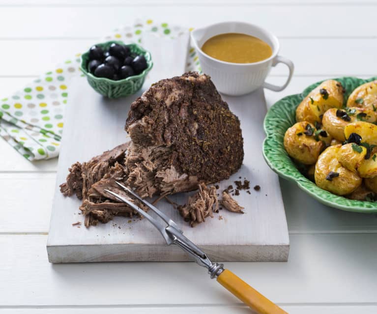 Sumac beef with olive and parsley smashed potatoes