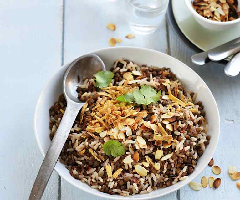 Salade de lentilles et riz aux amandes