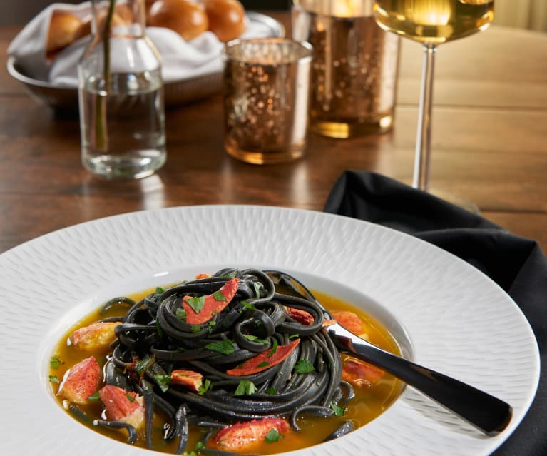 SQUID INK PASTA WITH LOBSTER & MUSSELS IN WHITE WINE 