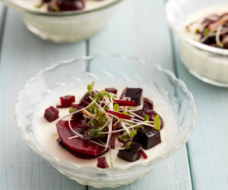 Goat s Cheese Panna Cotta with Beetroot and Port Jelly Beetroot Gel and Beetroot Pickles