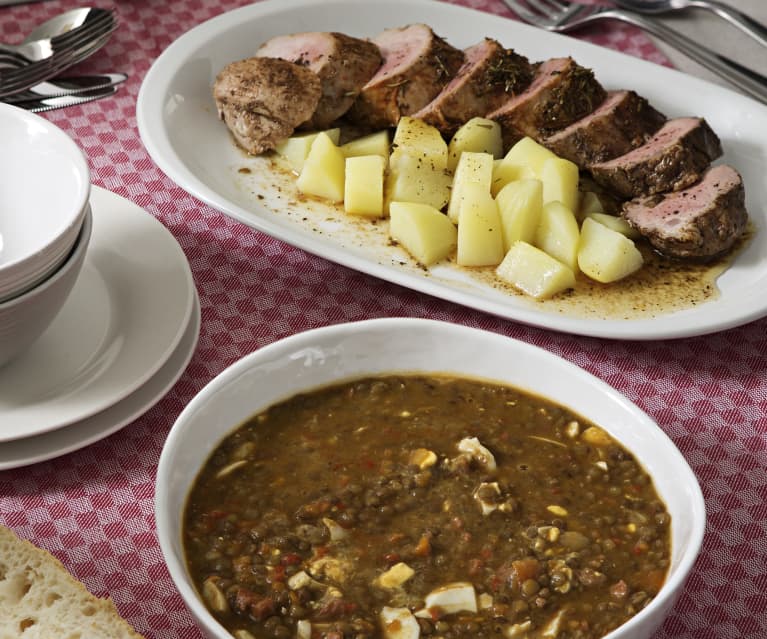 Menú: Lentejas - Solomillo de cerdo con patatas para dos