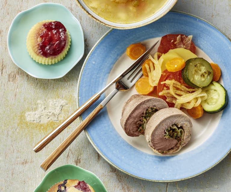 Vegetable pasta soup and pork roll with vegetables, puddings, muffins