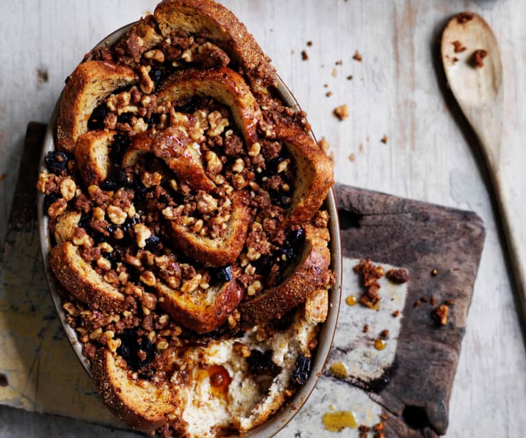 Maple bread and butter pudding with walnut crumble