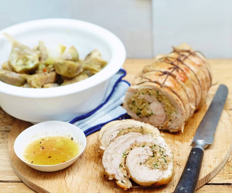 Tendron de veau roulé aux noix et aux artichauts