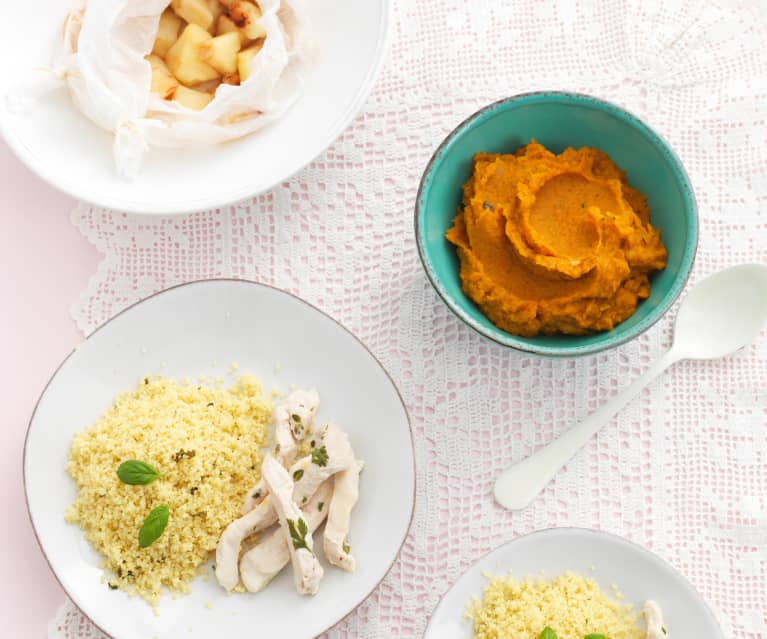 Straccetti di pollo con cous cous, purea di carote e mela