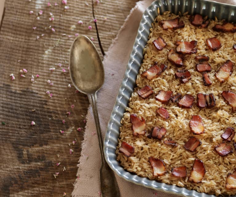 Arroz de pato com cogumelos e bacon