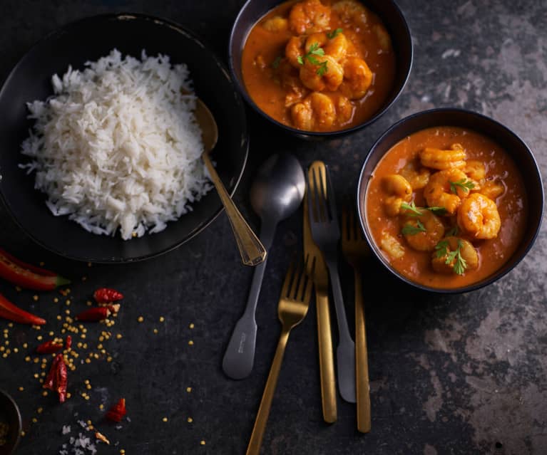 Curry de langostinos con arroz basmati