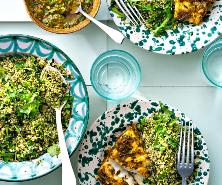 Poisson à la chermoula, couscous vert