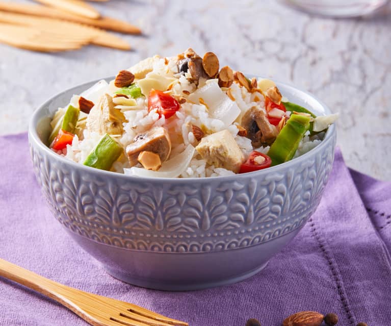 Tazón de arroz, verduras y proteína 