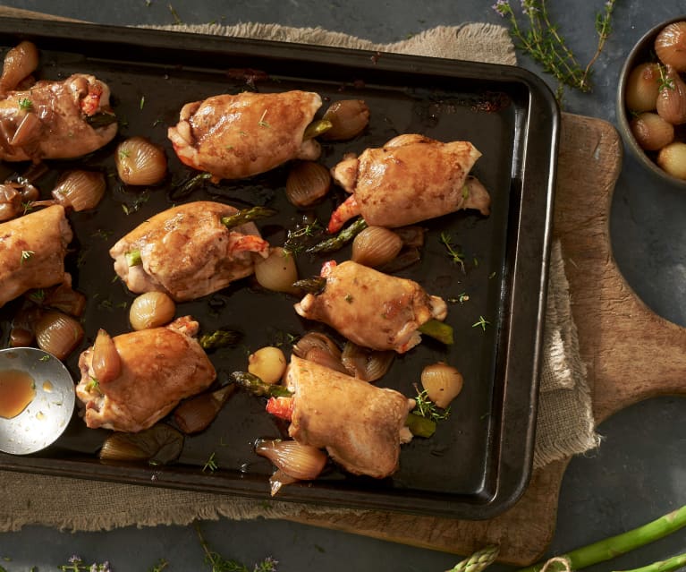 Sorpresas de pollo con cebollitas caramelizadas