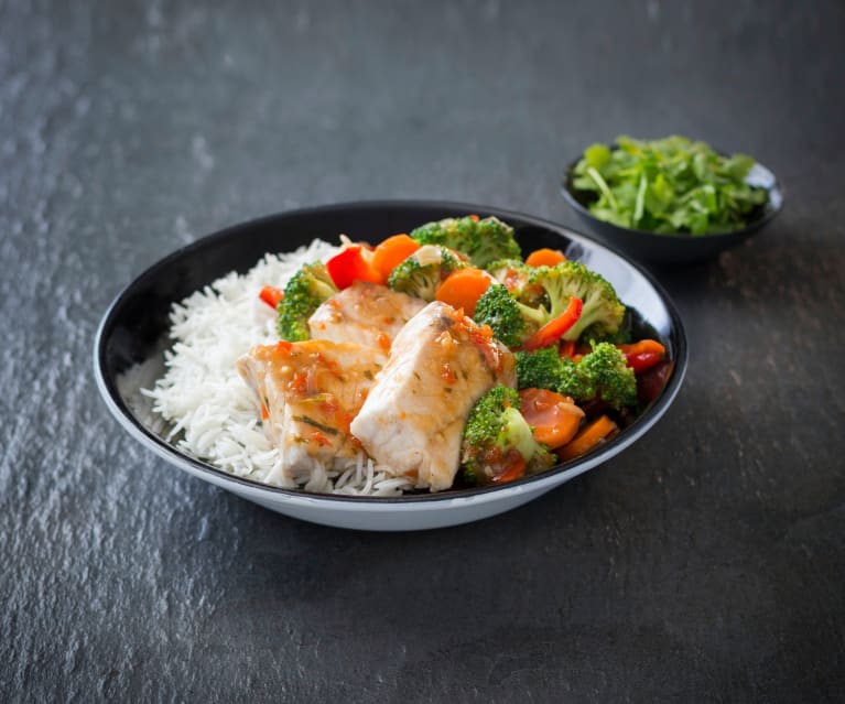 fish with rice and vegetables