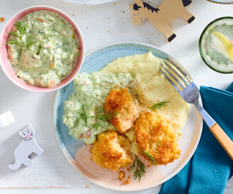 Backfisch-Nuggets mit Kräuter-Dip und Kartoffelpüree