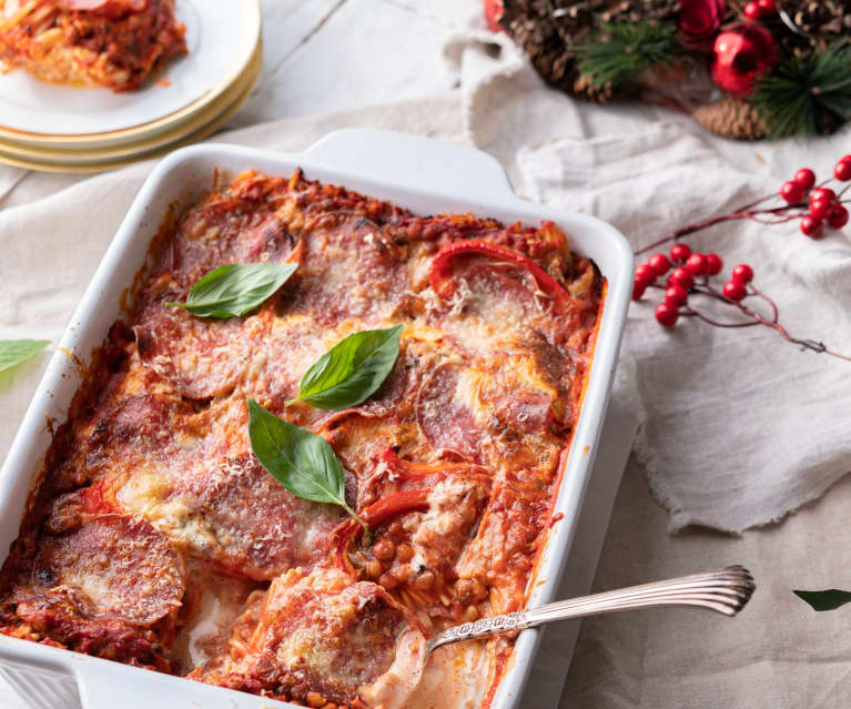 Spaghetti al forno con salsa di lenticchie