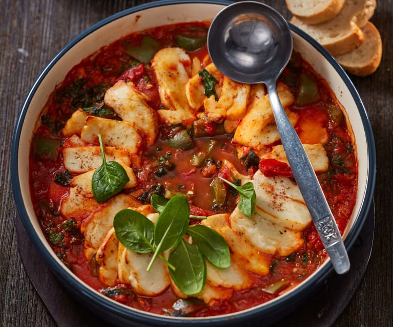 Tomaten-Spinat-Eintopf mit Halloumi und Zimt