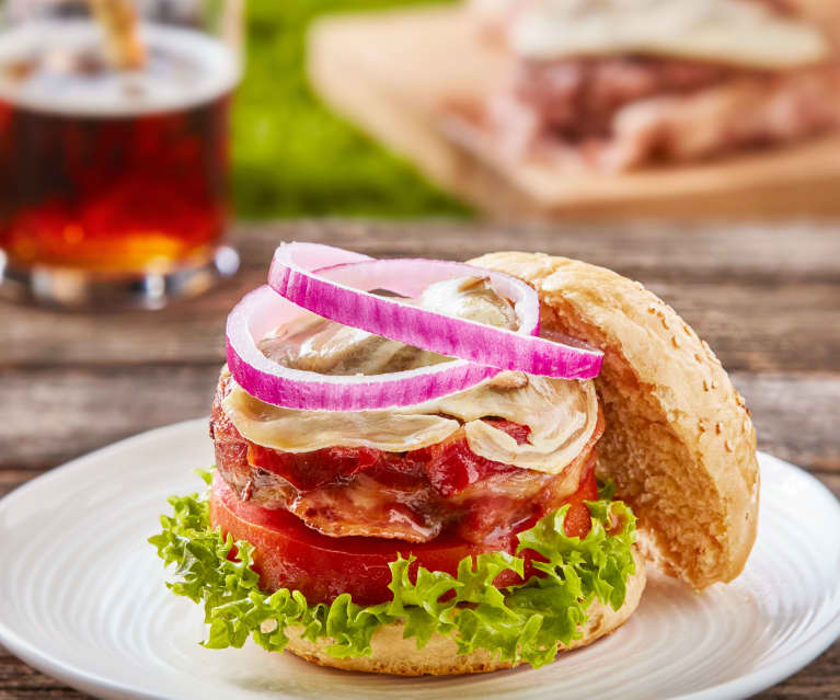 Beer Can Burger with Beer Mushrooms