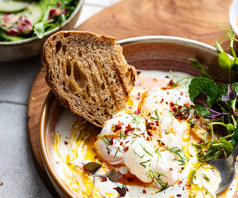 Turkish Eggs on Greek Yoghurt with Toast and Green Salad