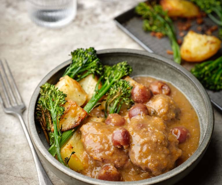 Pork Cheek and Cherry Stew with Roast Potatoes and Tenderstem Broccoli
