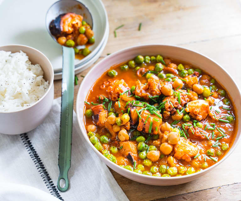 Ragoût de pois chiches, petits pois et poulpe