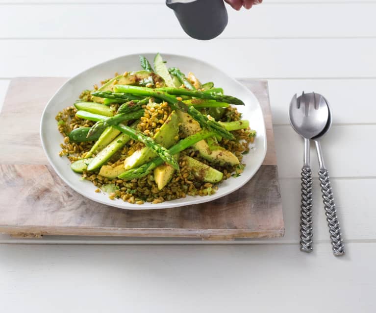 Freekeh salad with pickled avocado