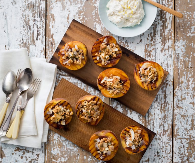 Planked Amaretto peaches with ricotta