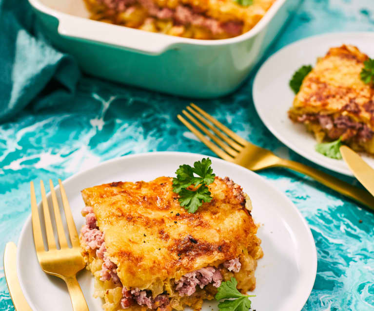 Röstiauflauf mit Kasseler und Frischkäsesauce