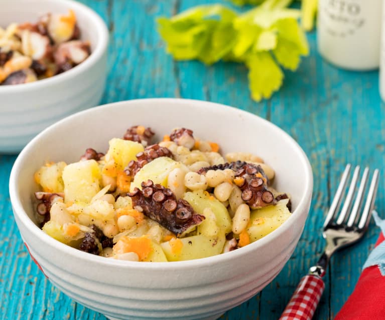 Insalata di polpo, patate e cannellini con olio al limone