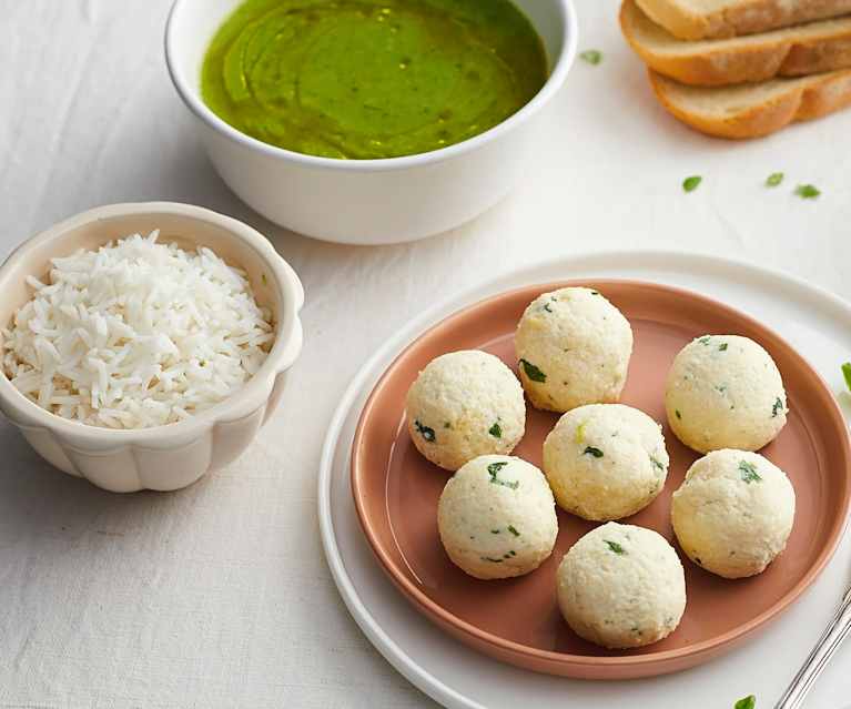 Polpettine di ricotta e basilico con crema di zucchine e riso basmati