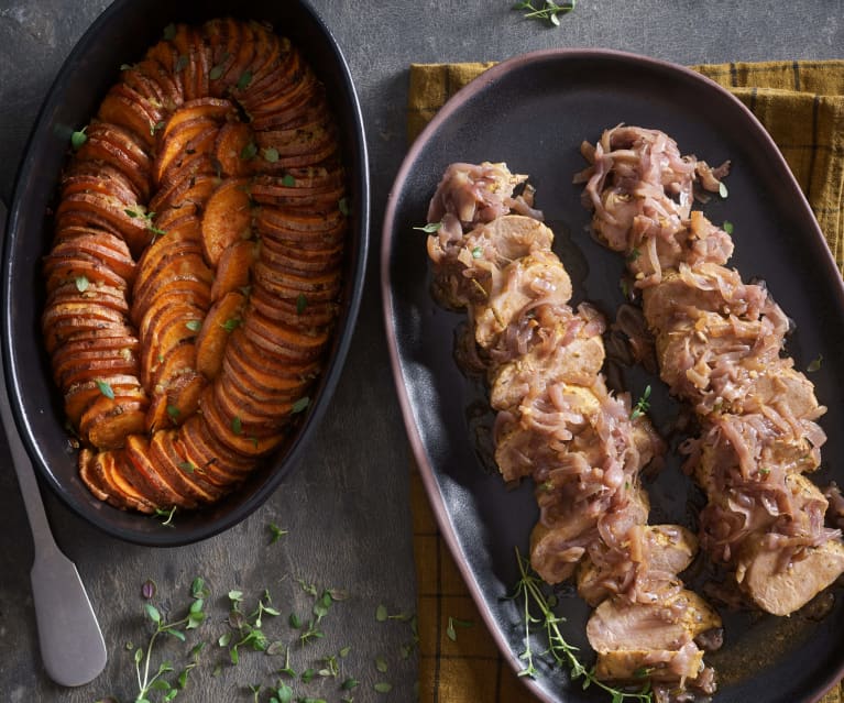 Lombo de porco com molho de chalota e vinho do Porto e batata-doce assada - TM5