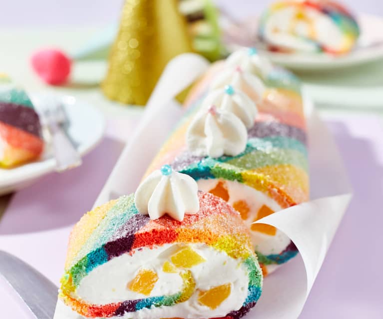 Regenbogen-Biskuitrolle mit Pfirsich-Quark-Füllung - Cookidoo® – a ...