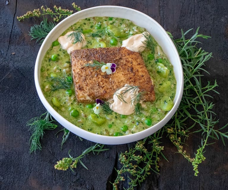 Spiced swordfish with pearl barley and cardamom (Nelly Robinson)