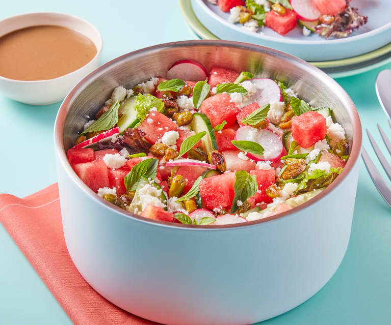 Watermelon Salad with Creamy Balsamic Dressing and Candied Nuts