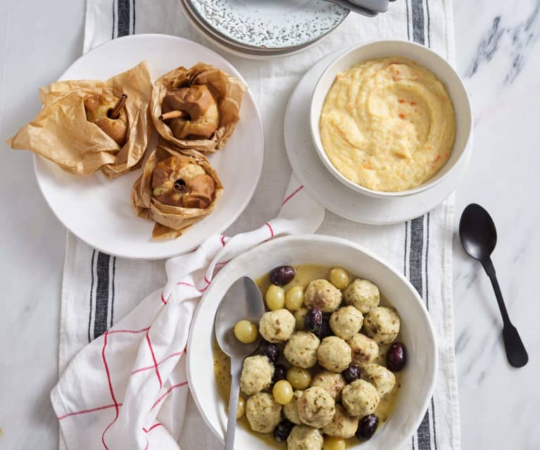 Menu: Puré de legumes com almôndegas de frango e uvas e maçãs a vapor