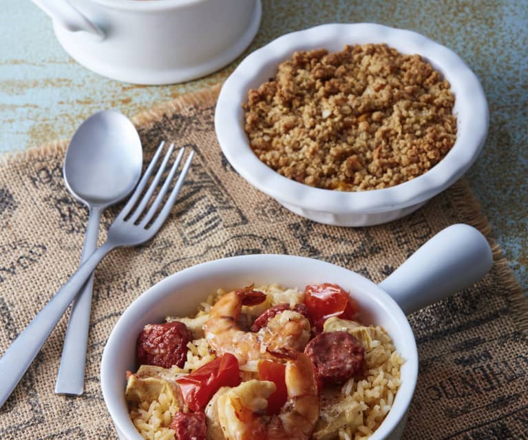 Jambalaya, Spicy Soup and Fruit Crumble