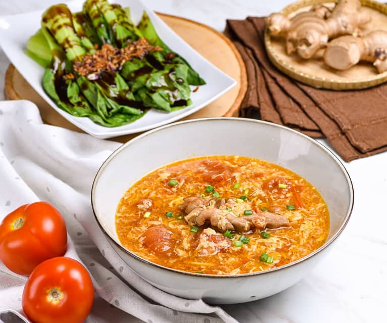 Steamed Bak Choy, Chicken And Tomato Egg Drop Soup