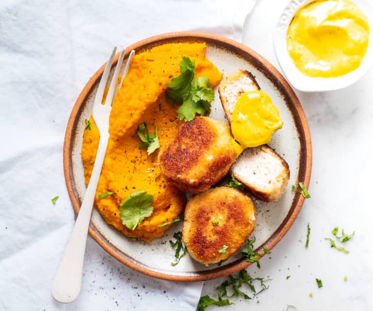 Nuggets de poulet, purée de patates douces