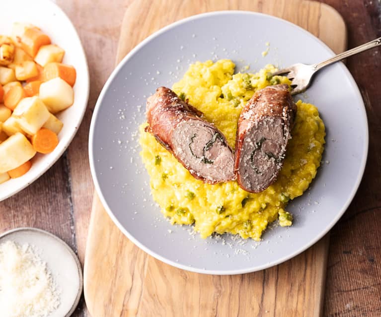 Saltimbocca met groenten en risotto Milanese