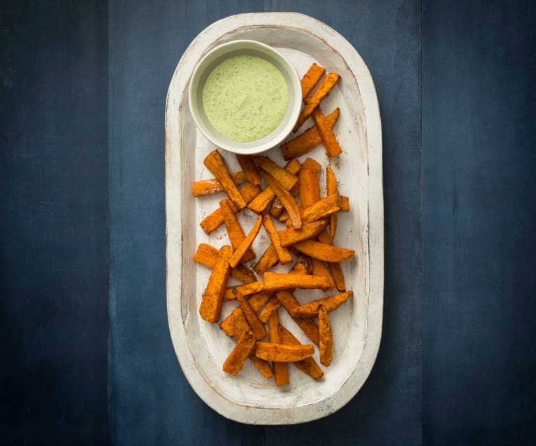 Peri peri sweet potato fries with coriander yoghurt sauce