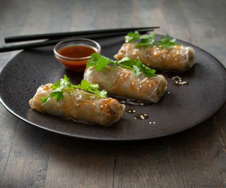 Pork and shiitake mushroom rice paper rolls with Holy Trinity sauce ...