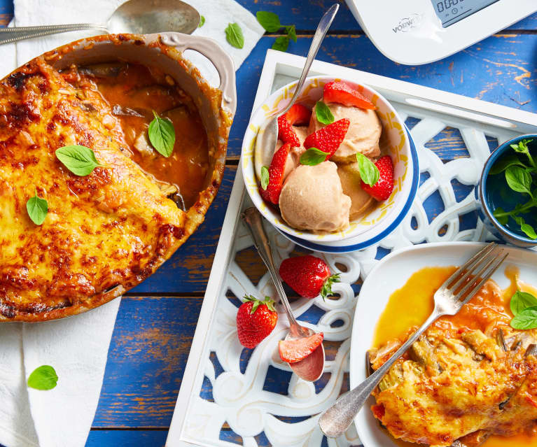 Gratin d'aubergine et comté - Yaourt glacé à la fraise et basilic