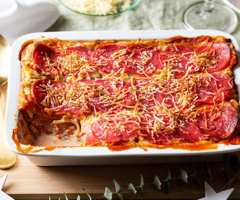 Boloñesa gratinada de lentejas y salami