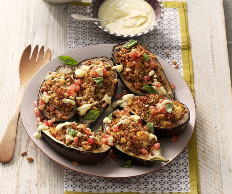 Stuffed Aubergine with Saffron Yoghurt and Pomegranate Seeds