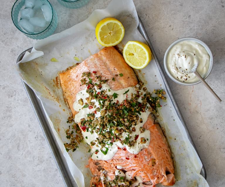 Baked whole-side of salmon with yoghurt dressing