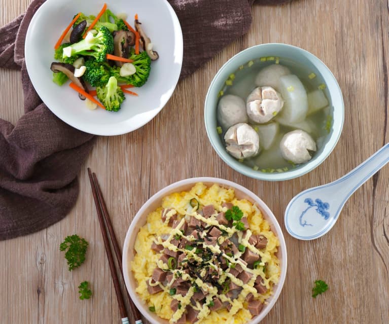 午餐肉美乃滋飯&菜頭貢丸湯、香菇炒青花菜