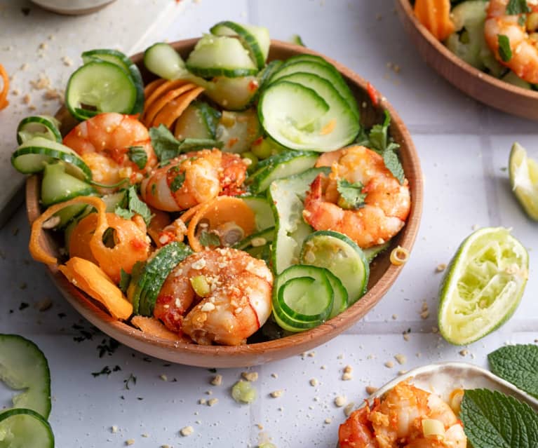 Spicy Shrimp Salad with Curly Sliced Carrot and Cucumber