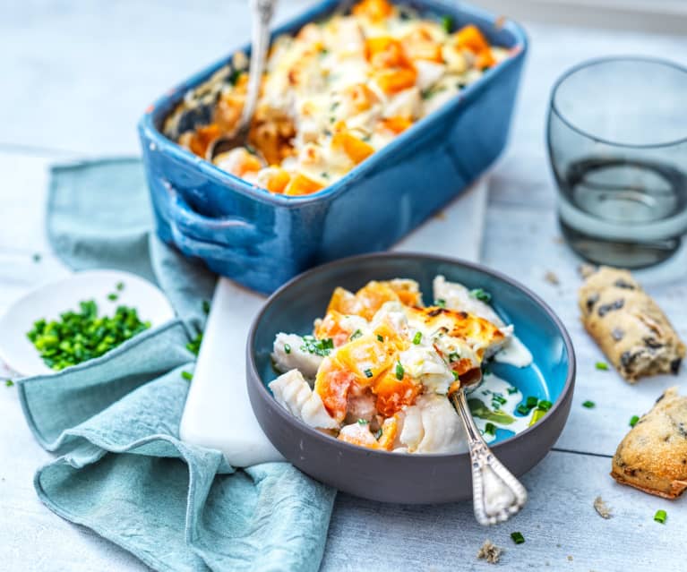 Gratin à la courge et au merlu, crème à la ciboulette