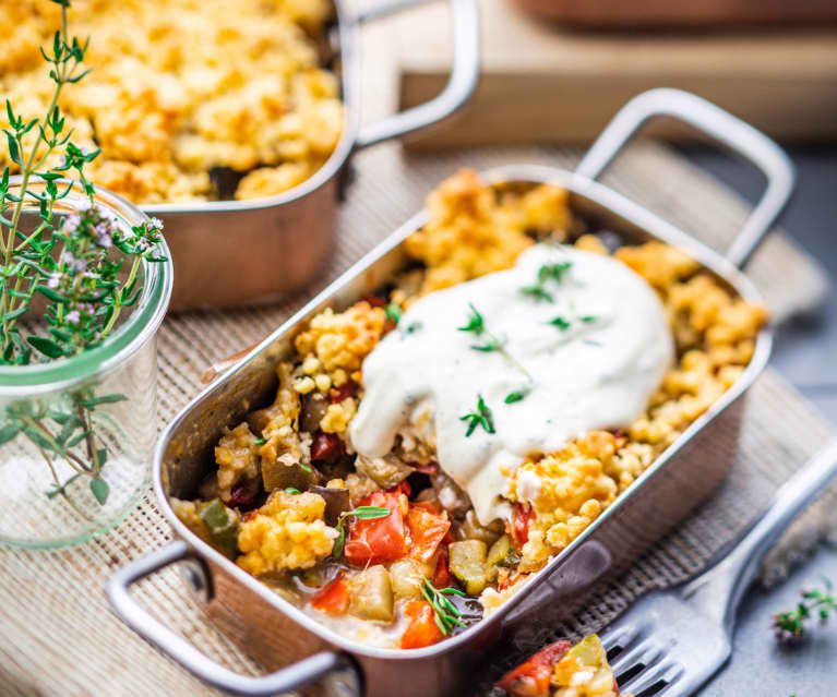 Crumble légumes d'été et sauce au fromage frais